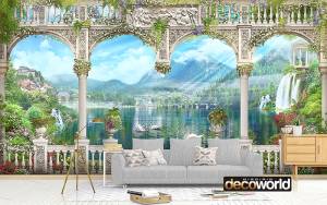 Ταπετσαρία τοίχου επιθυμητών διαστάσεων baroque μπαλκόνι με λίμνη  02073Q