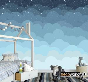 Παιδική ταπετσαρία τοίχου ετοίμων διαστάσεων με σύννεφα και αστέρια 08035Q