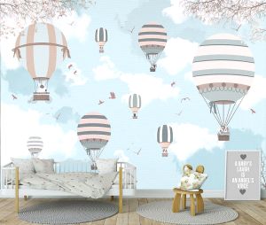 Παιδική ταπετσαρία τοίχου ετοίμων διαστάσεων με αερόστατα και πουλιά 08176Q