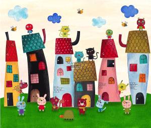 Παιδικός πίνακας σε καμβά σπίτια με ζώα KNV051