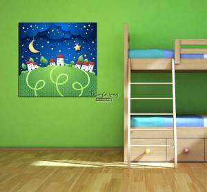Παιδικός πίνακας σε καμβά νύχτα με σπίτια KNV056