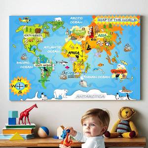 Παιδικός καμβάς σε πίνακα χάρτης με ζώα KNV080