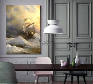 Πίνακας σε καμβά με κύματα και καράβι KNV182
