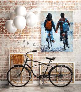 Πίνακας σε κάμβα με ζευγάρι και ποδήλατα KNV372