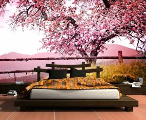 Ταπετσαρία τοίχου επιθυμητών διαστάσεων φλοράλ δέντρο με ρόζ φύλλα 01416