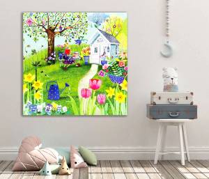 Παιδικός πίνακας σε καμβά σπίτι με λουλούδια KNV0400