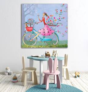 Παιδικός πίνακας σε καμβά κορίτσι με ποδήλατο KNV0426