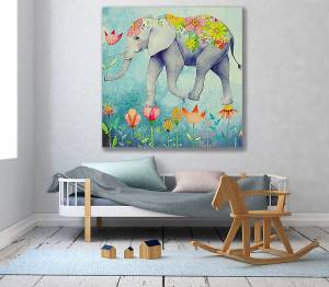 Παιδικός πίνακας σε καμβά φλοράλ με ελέφαντα KNV0428