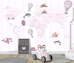 Παιδική ταπετσαρία τοίχου επιθυμητών διαστάσεων Παγκόσμιος Χάρτης Ροζ Ρίγες 02016Q