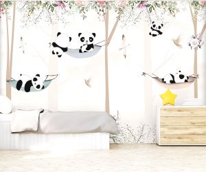 Παιδική ταπετσαρία τοίχου επιθυμητών διαστάσεων Αρκουδάκια Panda 02035Q Πλαστικοποιημένο αυτοκόλλητο