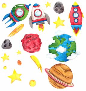 Explore the Stars - Watercolor Planets & Rockets - Stick850