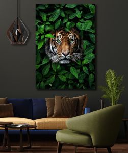 Πίνακας σε καμβά Τίγρης με Τροπικά Φύλλα LUX8